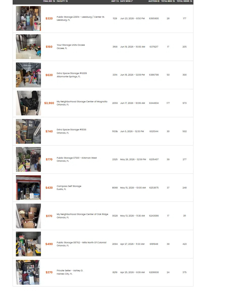 Prints dos leilões arrematados na plataforma StorageTreasures com fotos dos units, valor final, facility e data
